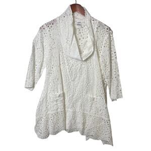 Feratelli White Eyelet SharkBite Hem Eclectic Cowl Neck Tunic Women's Medium